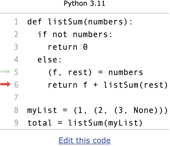 Python code showing recursive listSum function
